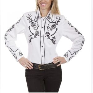 Scully SZ M Womens Western White and Black Embroidered with Roses Shirt